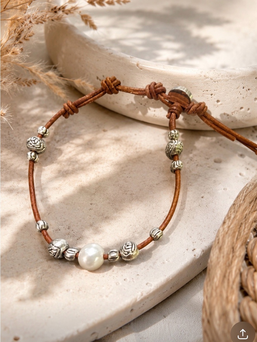 CHAN LUU STRATA LEATHER PEARL 925 STERLING SILVER BOHO BRACELET
